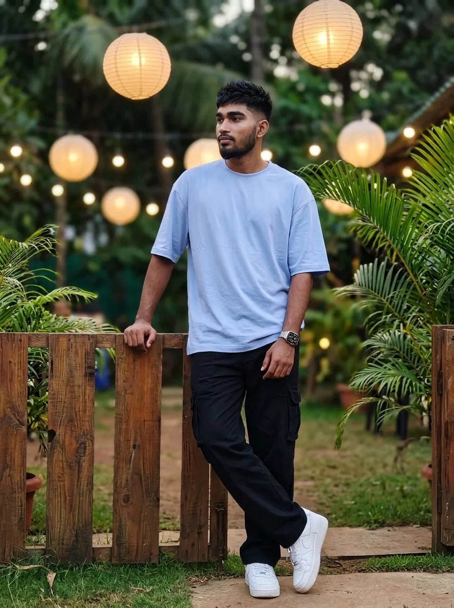Tropical Outdoor Cafe Male Full-Body Portrait Leaning on Rustic Wooden Fence Prompt