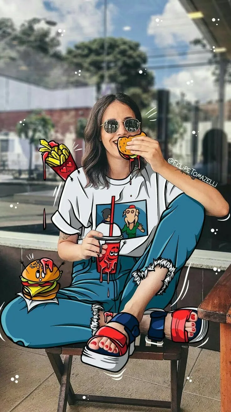 Cartoon Foodie Girl – Real Life Meets Doodle Art 🍔🥤✨