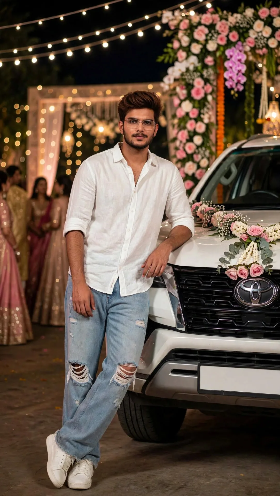 Cinematic Night Wedding Portrait - Guy in White Shirt Leaning on Flower Decorated Toyota Fortuner
