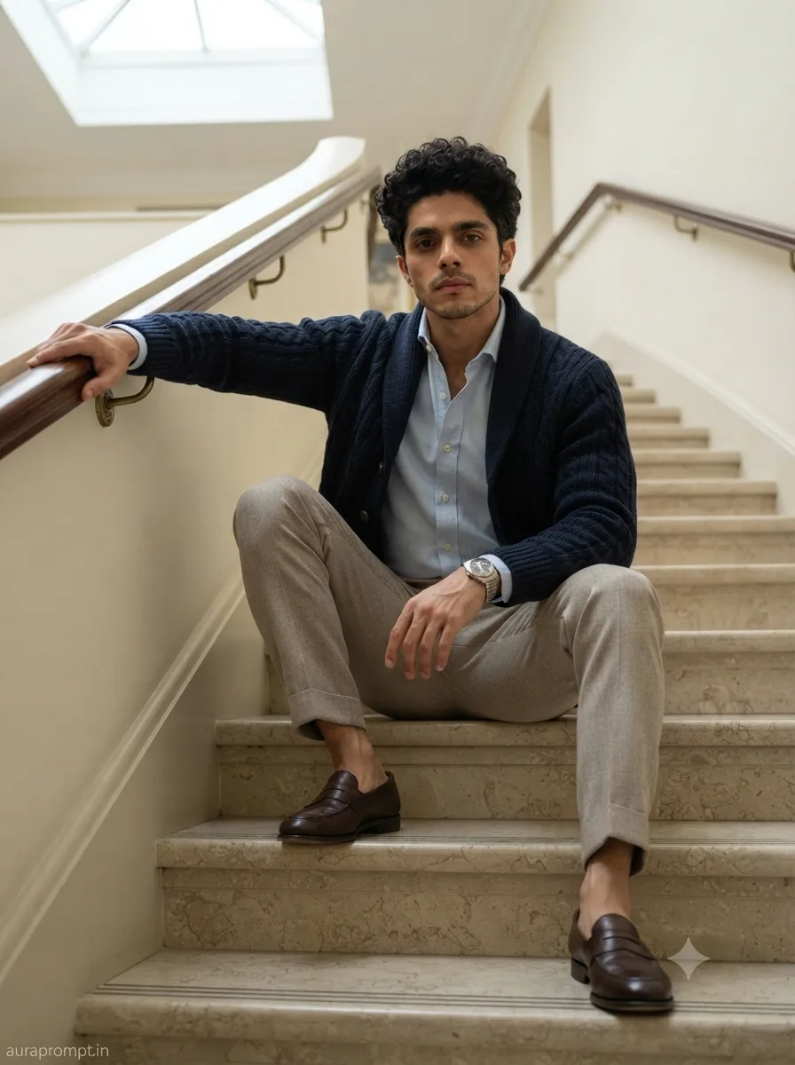 The man is seated naturally halfway up a grand heritage hotel staircase
