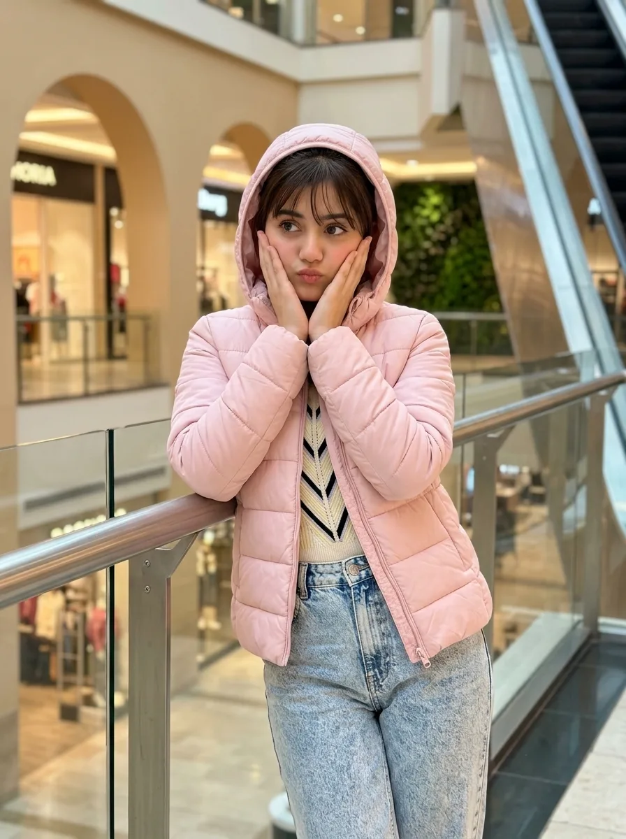 Playful Hooded Puffer Sweet Pout Aesthetic, Casual Winter Streetwear Mall Balcony Portrait, Charming Pastel Puffer & Aci