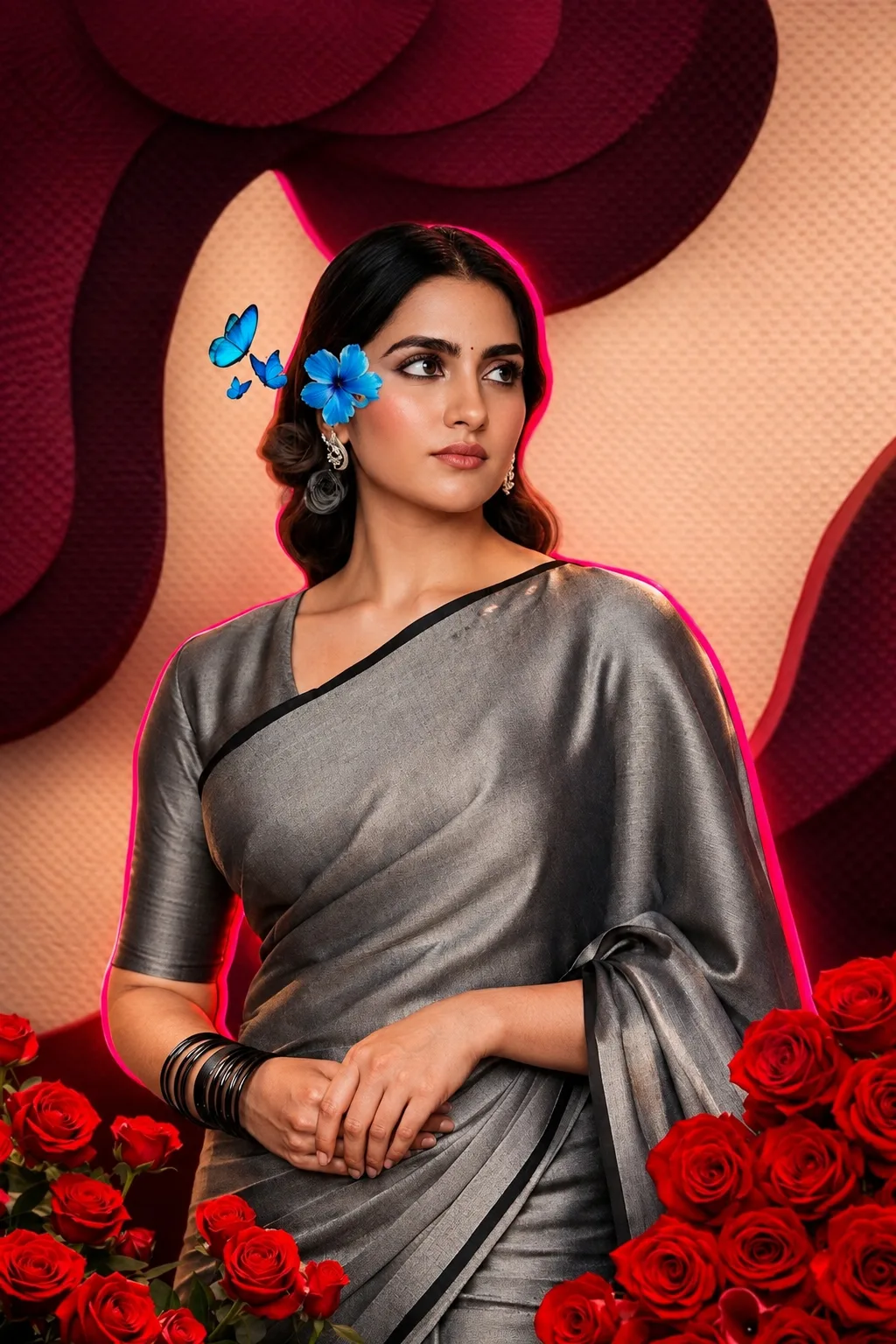 Crimson Roses & Blue Butterflies – Elegant Saree Portrait