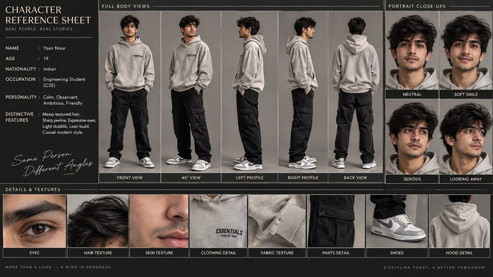 Character Reference Sheet — Same Person, Different Angles