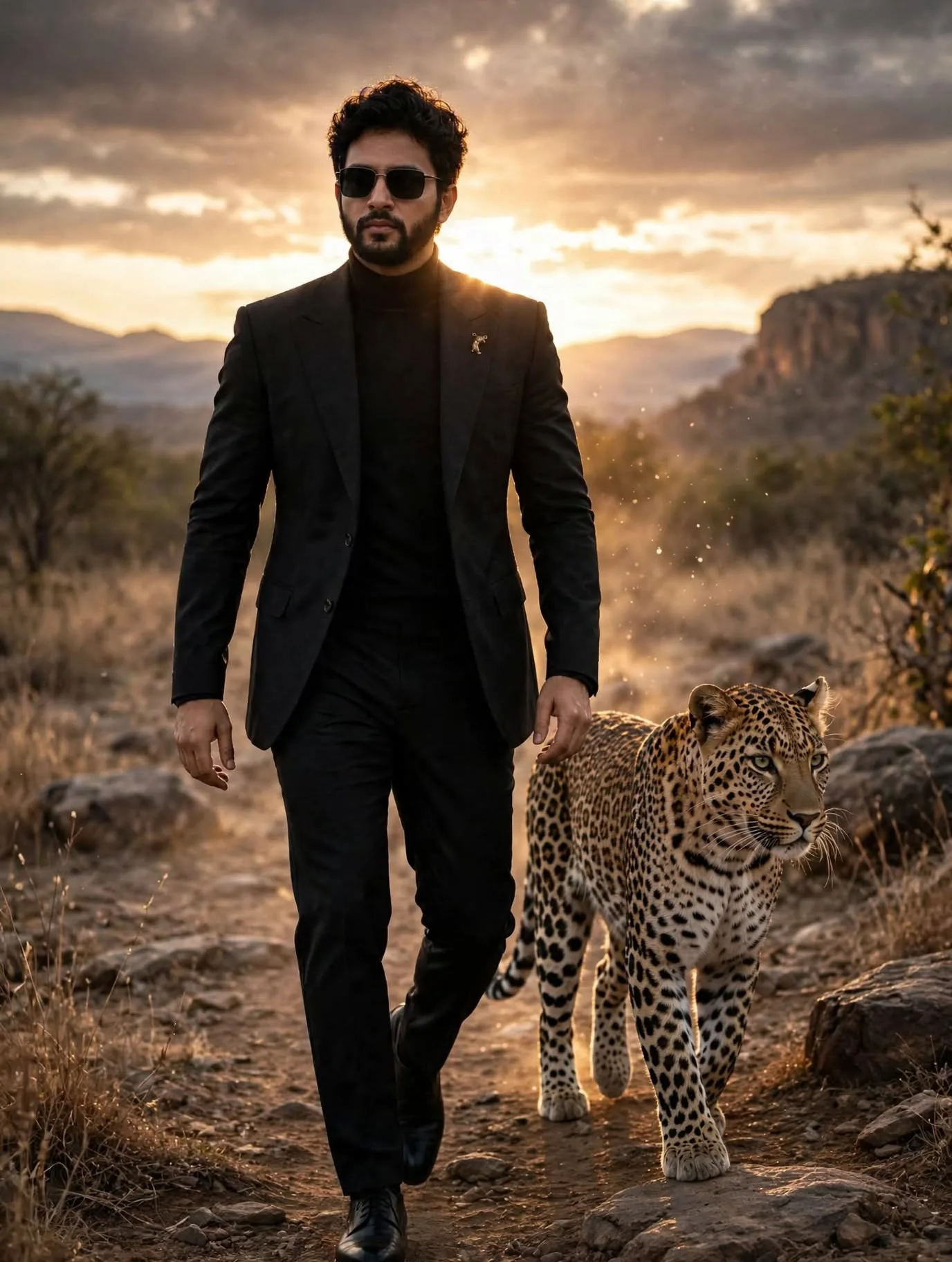 Luxury Black Suit Portrait with Leopard