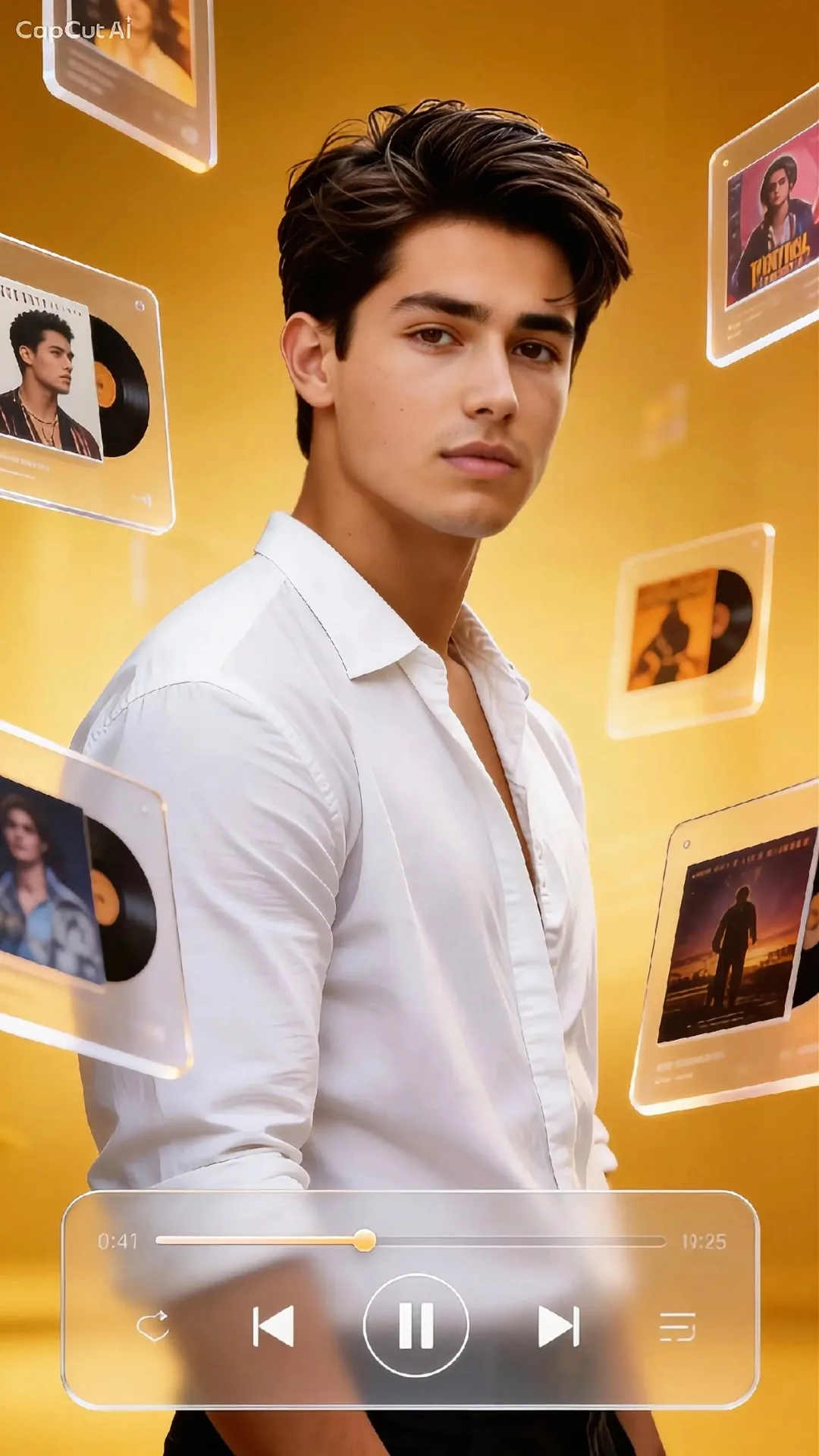 Cinematic portrait of a handsome man surrounded by floating acrylic vinyl record panels with a sleek music player widget