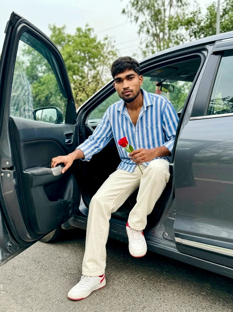 Candid Outdoor Portrait of Young Man Stepping Out of Car with Red Rose