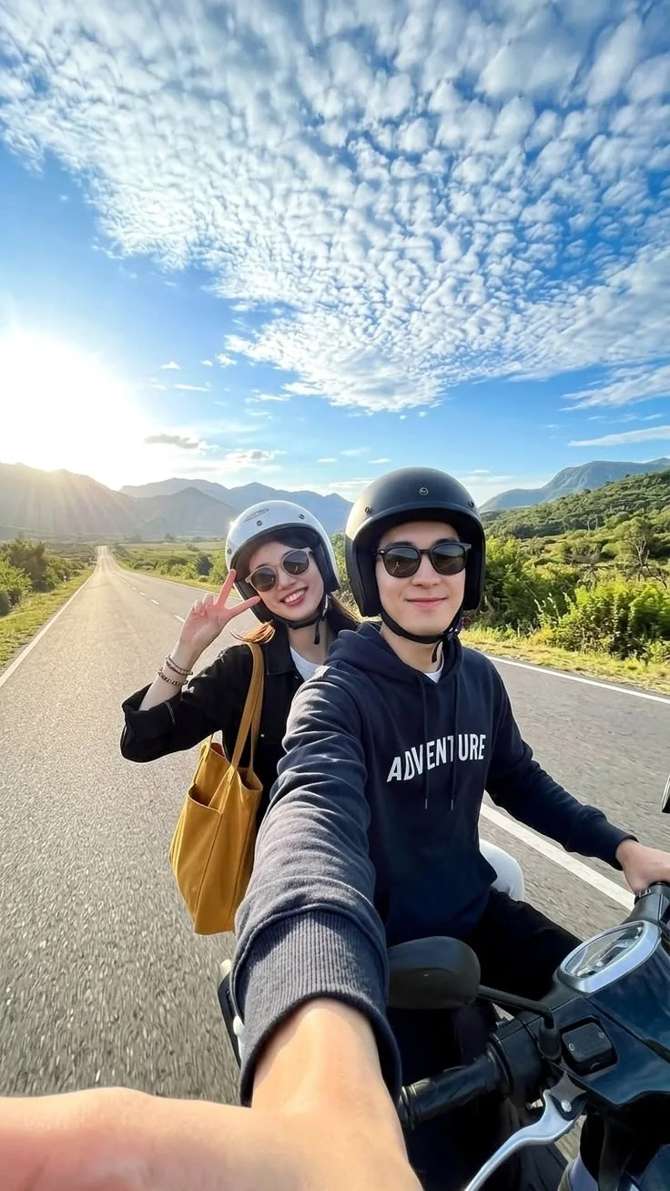 Famous search bar title: Viral Couple Scooter Travel Selfie 🛵🏔️✨