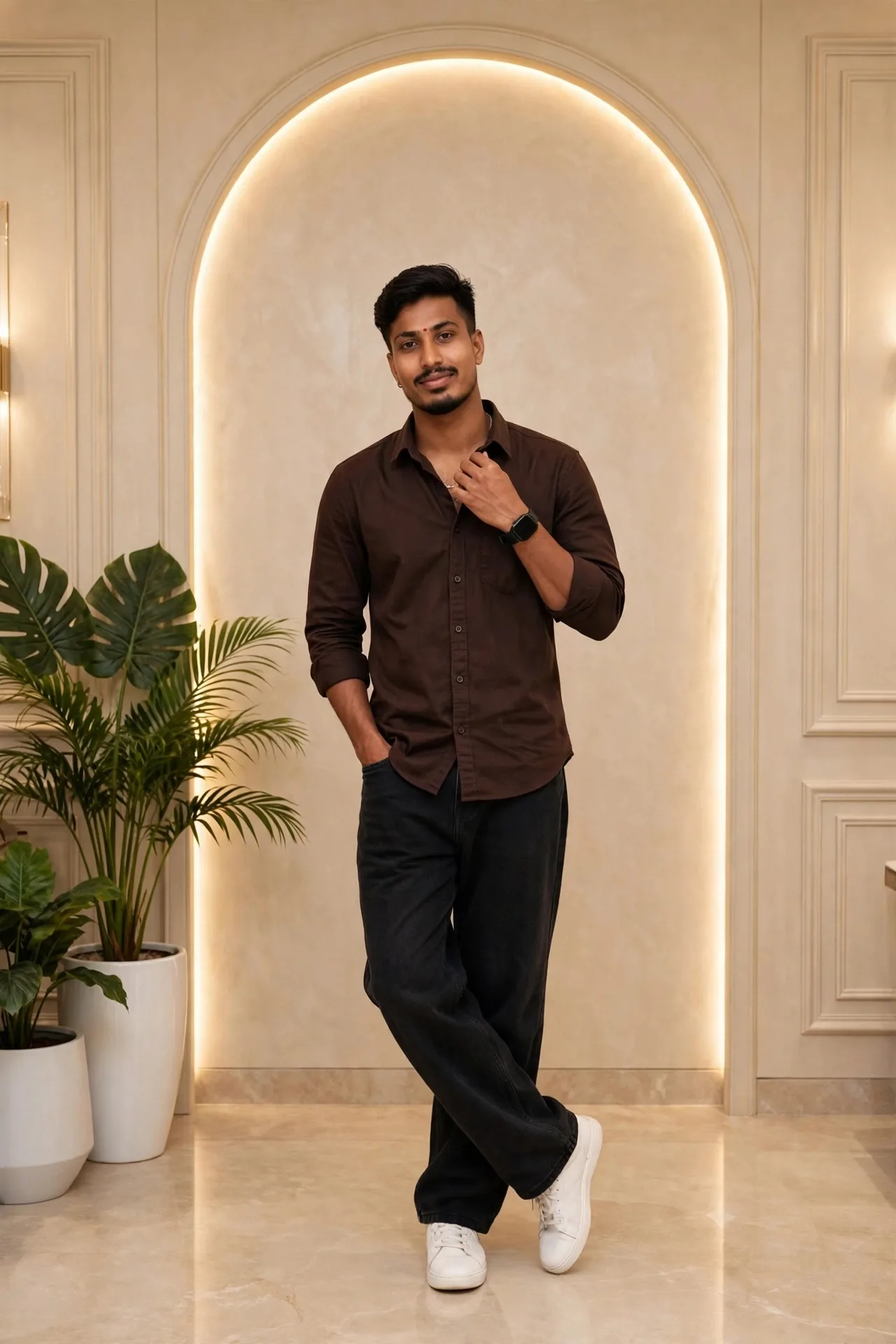 Luxury Arch Interior - Brown Shirt Black Jeans Full Body Lifestyle Same Face`