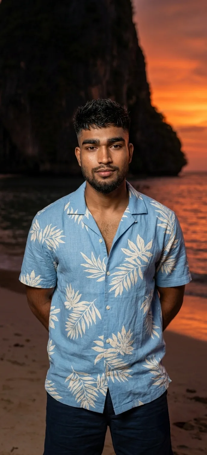 Cinematic Sunset Beach Male Portrait in Sky Blue