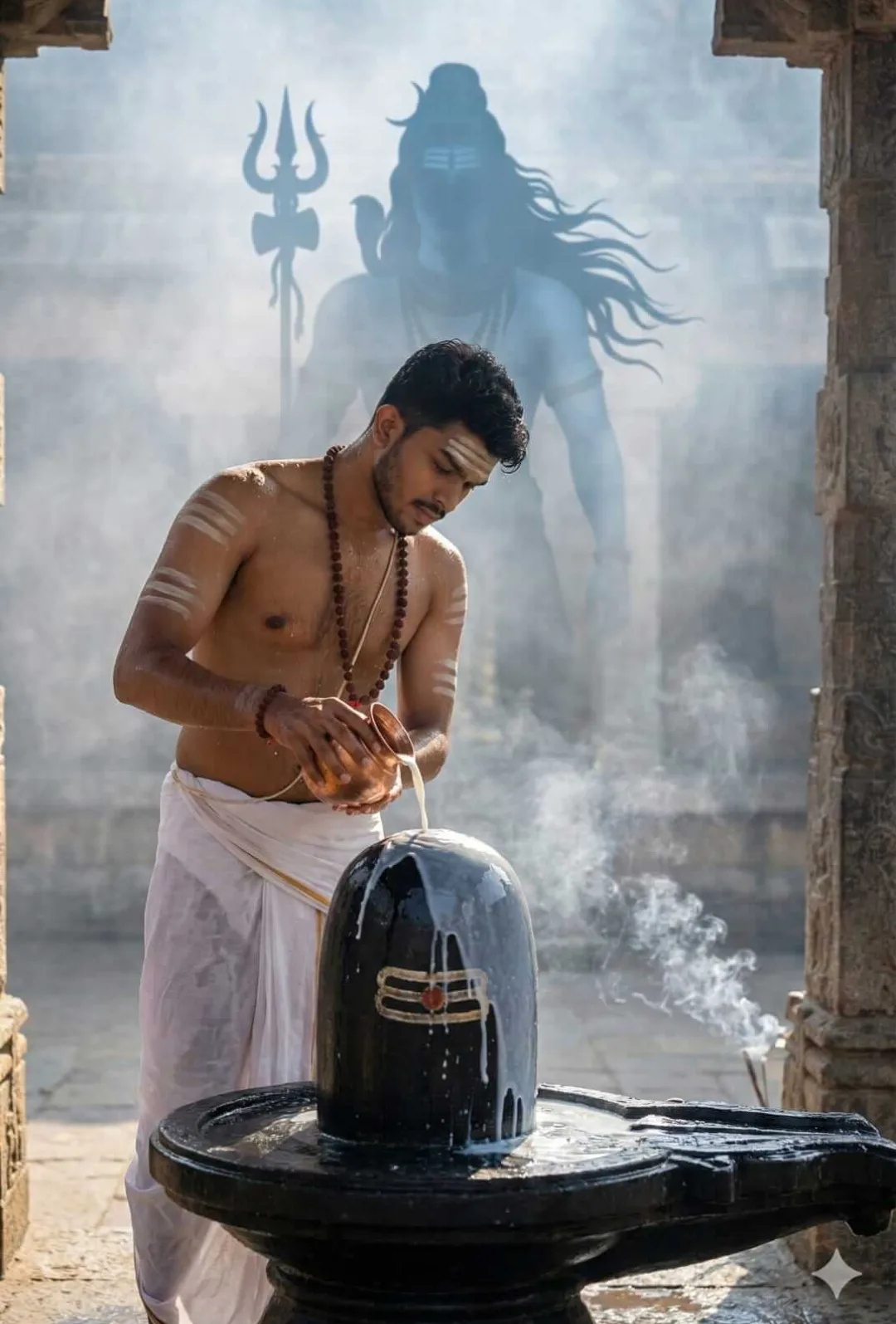 Cinematic 8K Shivling Abhishek Portrait with Misty Temple and Subtle Divine Shiva Presence