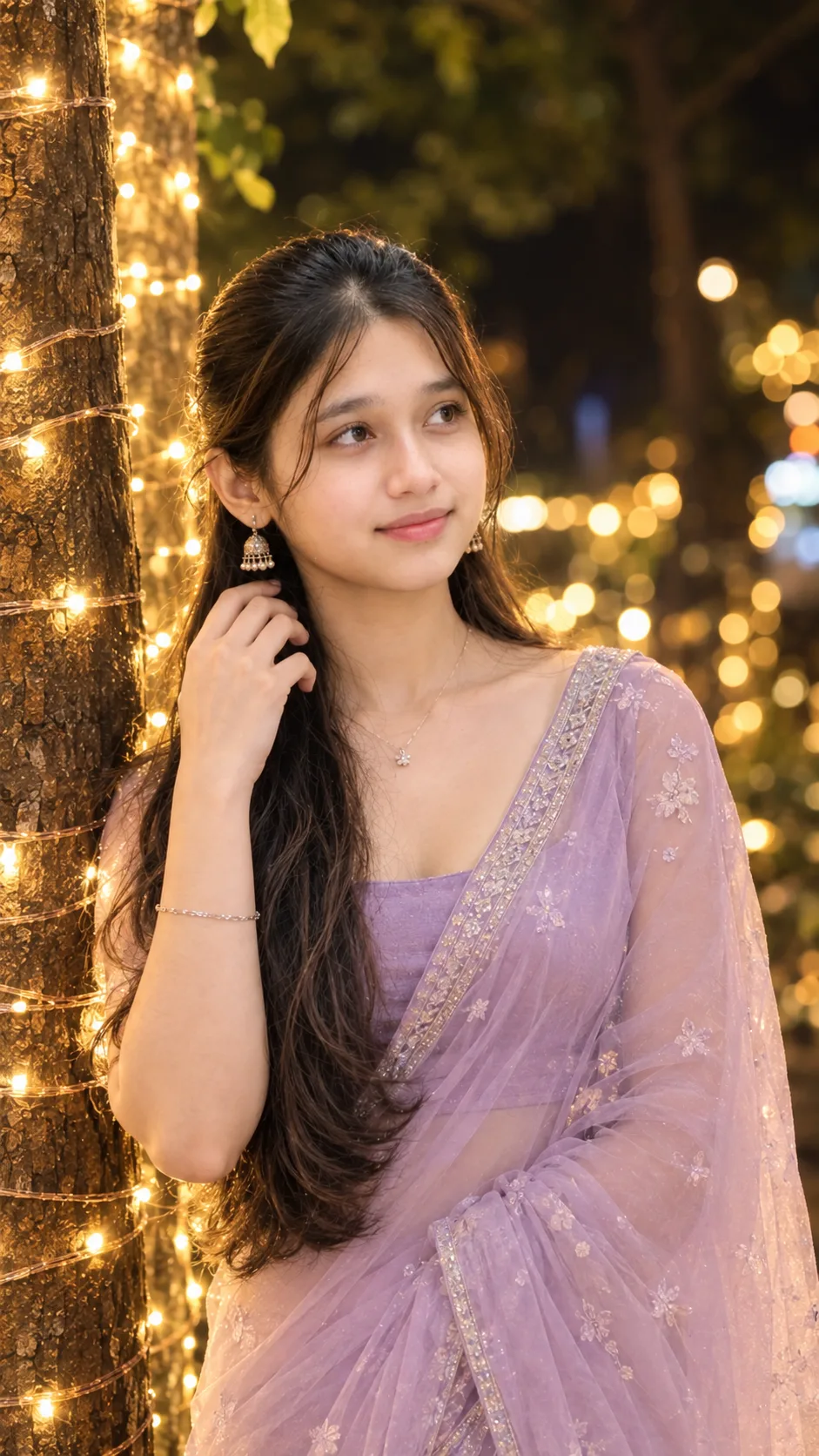 Traditional Girl in Purple Saree – Night Lights Aesthetic