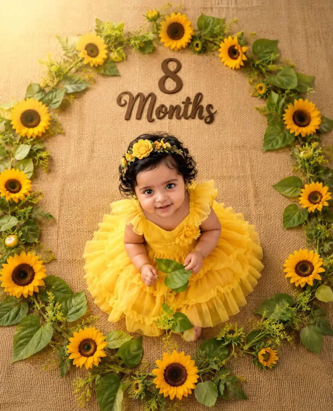 Ultra-Realistic Baby Girl Sunflower Milestone Portrait with Golden Summer Theme