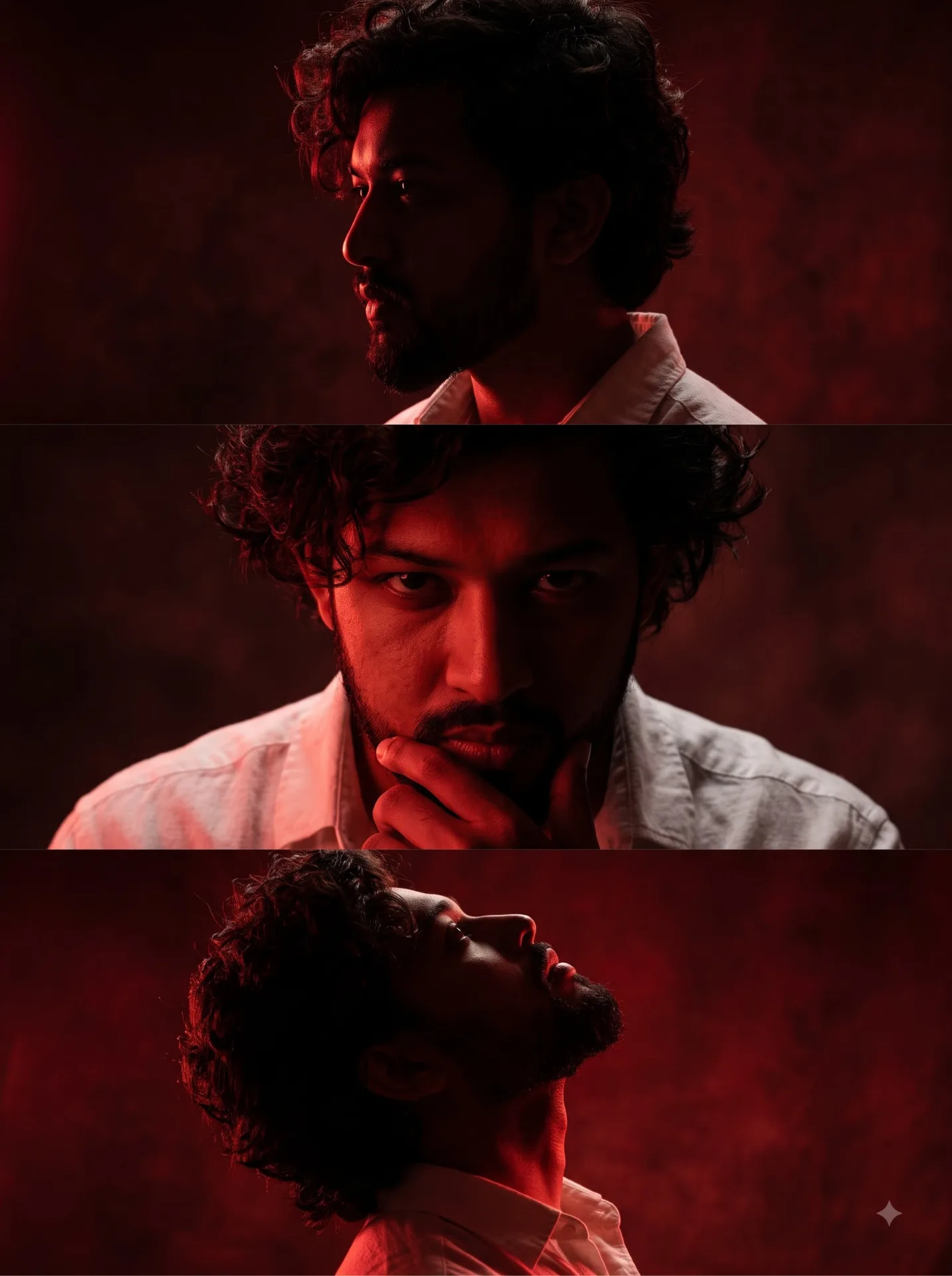 Ultra-realistic cinematic triptych portrait, 3 horizontal frames