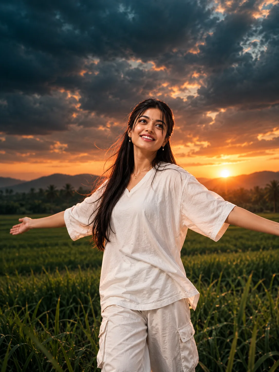 cinematic slow motion indian girl in green field