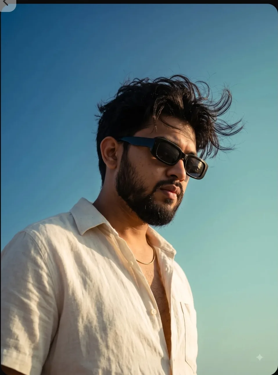 Cinematic low-angle portrait