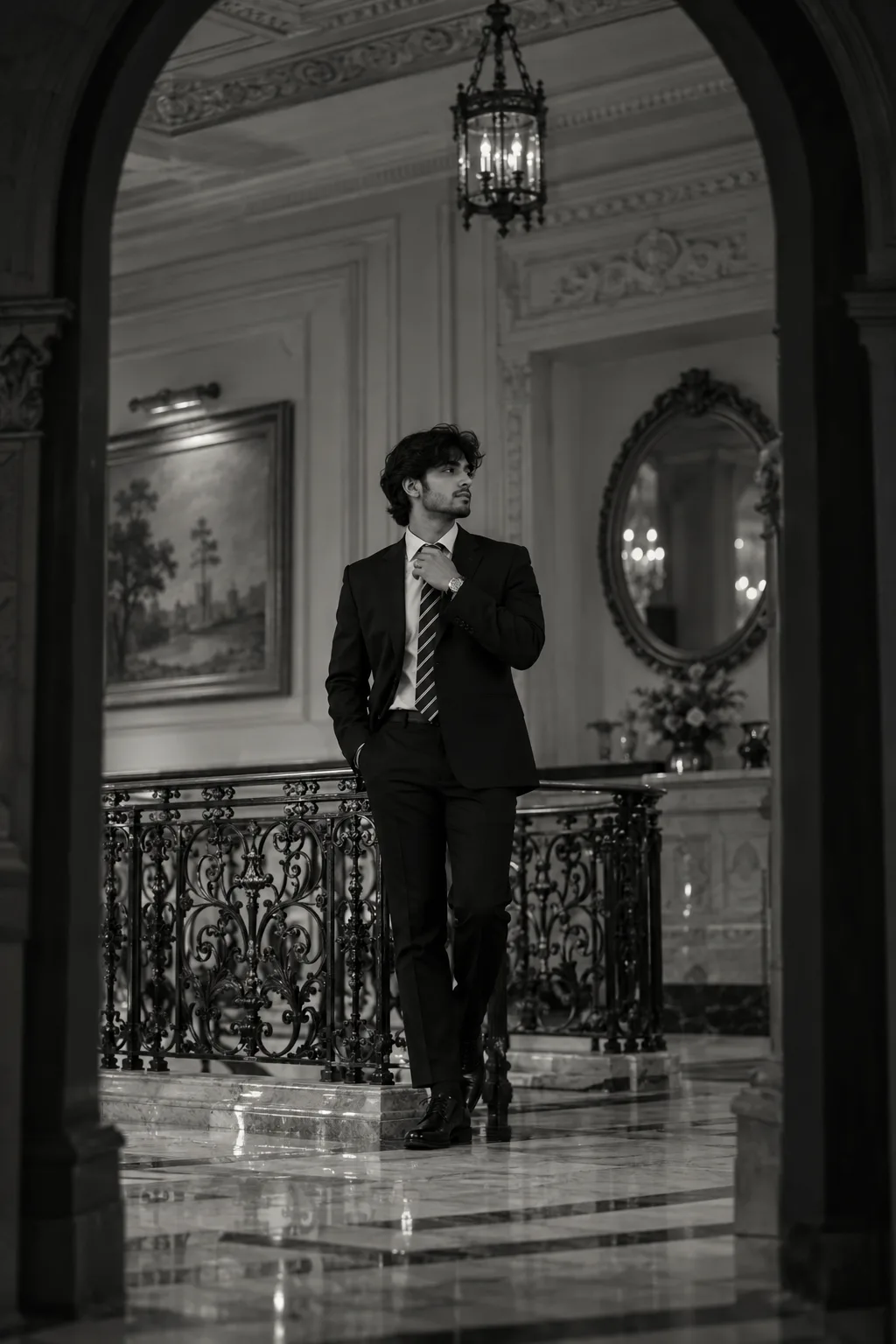 Ultra realistic cinematic black and white portrait of a young man