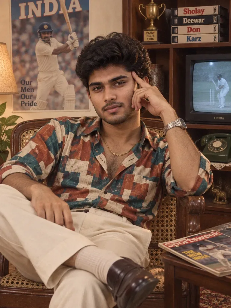 Vintage 1980s Retro Indian Male Living Room Portrait with Onida TV & Cricket Poster Prompt