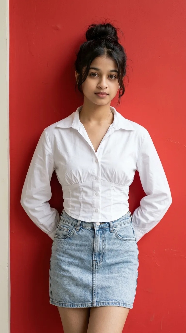 Minimalist Studio Female Portrait in White Corset Shirt & Denim Skirt Prompt