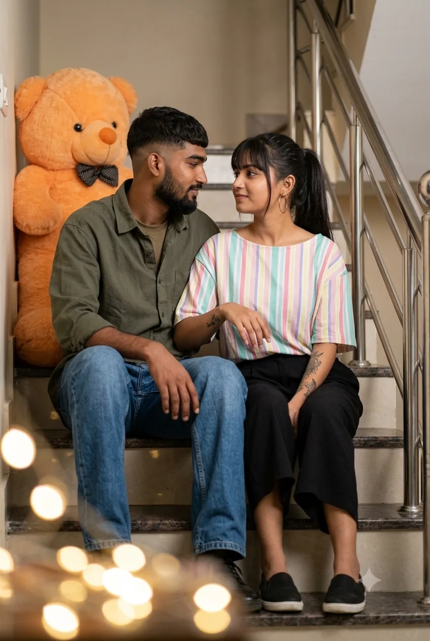 Candid Staircase Portrait of Young Couple Beside Giant Teddy Bear