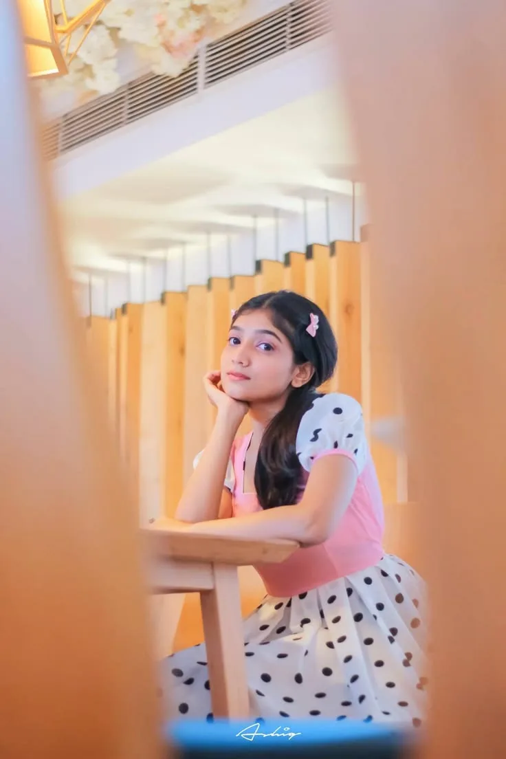 Vintage Polka Dot Skirt Candid Café Aesthetic, Sweet Pastel Pink Top Indoor Portrait, Charming Foreground Bokeh Café Lif