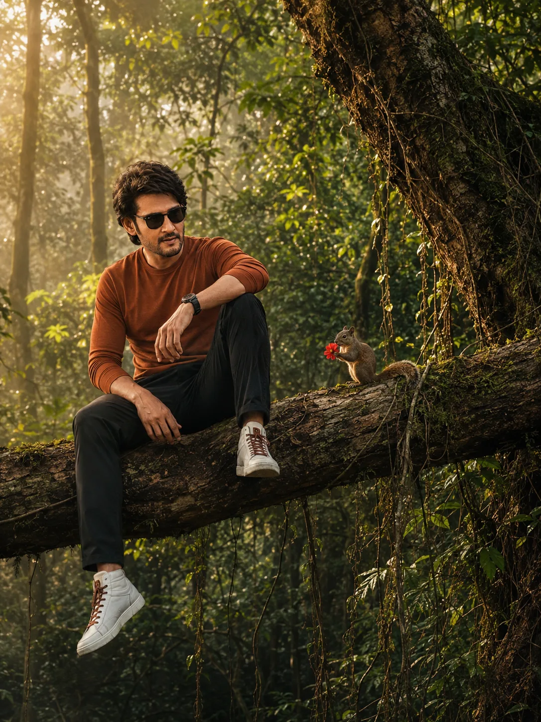 cinematic environmental portrait man on massive tree branch