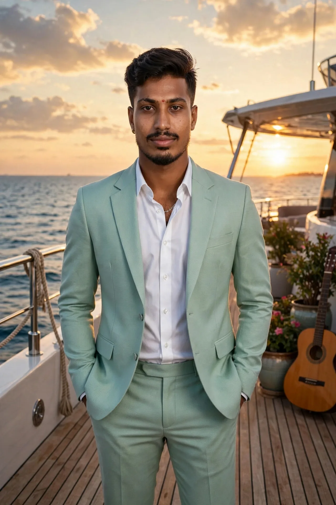 ಇಗೋ ಬ್ರೋ ನಿನ್ನ luxury yacht look ರೆಡಿ! 🔥🛥️ Mint green luxury suit, white shirt, hands in pocket, quiff hairstyle - sun