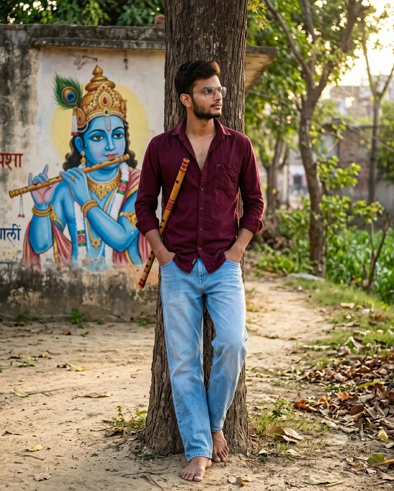 Divine Connection - Man Playing Flute in Front of Krishna Mural at Golden Hour