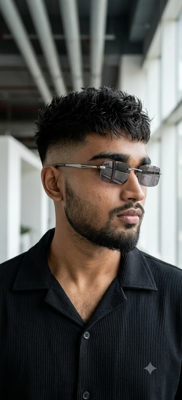 Rimless Sunglasses Male Close-Up Portrait with Spiky Textured Fade Prompt