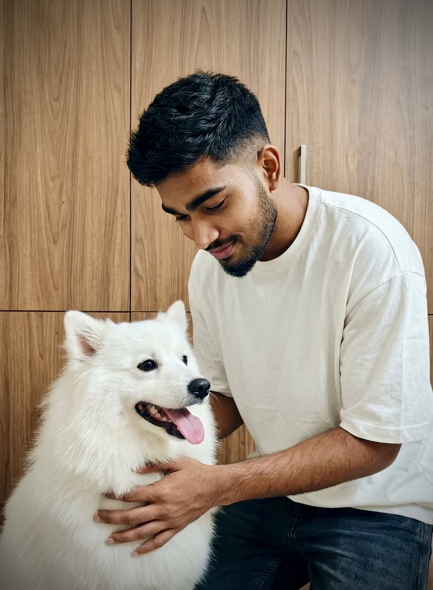 Heartwarming Indoor Male Portrait with Fluffy White Indian Spitz Dog Prompt