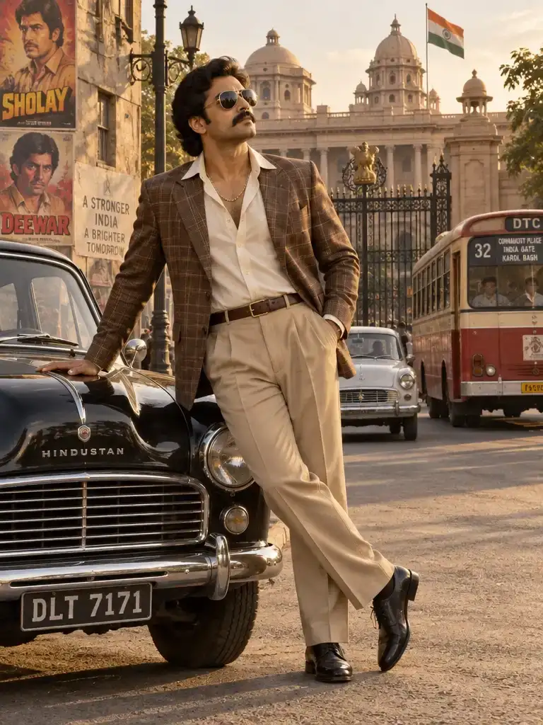 Vintage 1970s Retro Delhi Gentleman Portrait Leaning on Black Ambassador Car Prompt