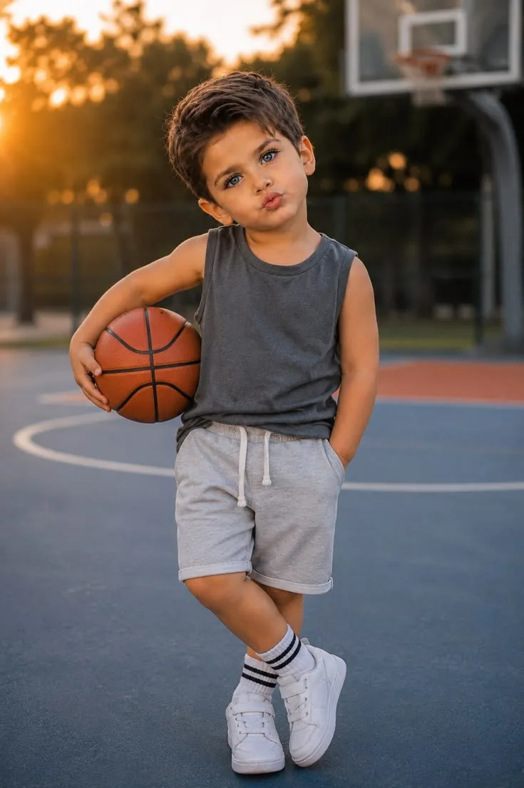 Golden Hour Kid Portrait with Basketball on Outdoor Court Prompt