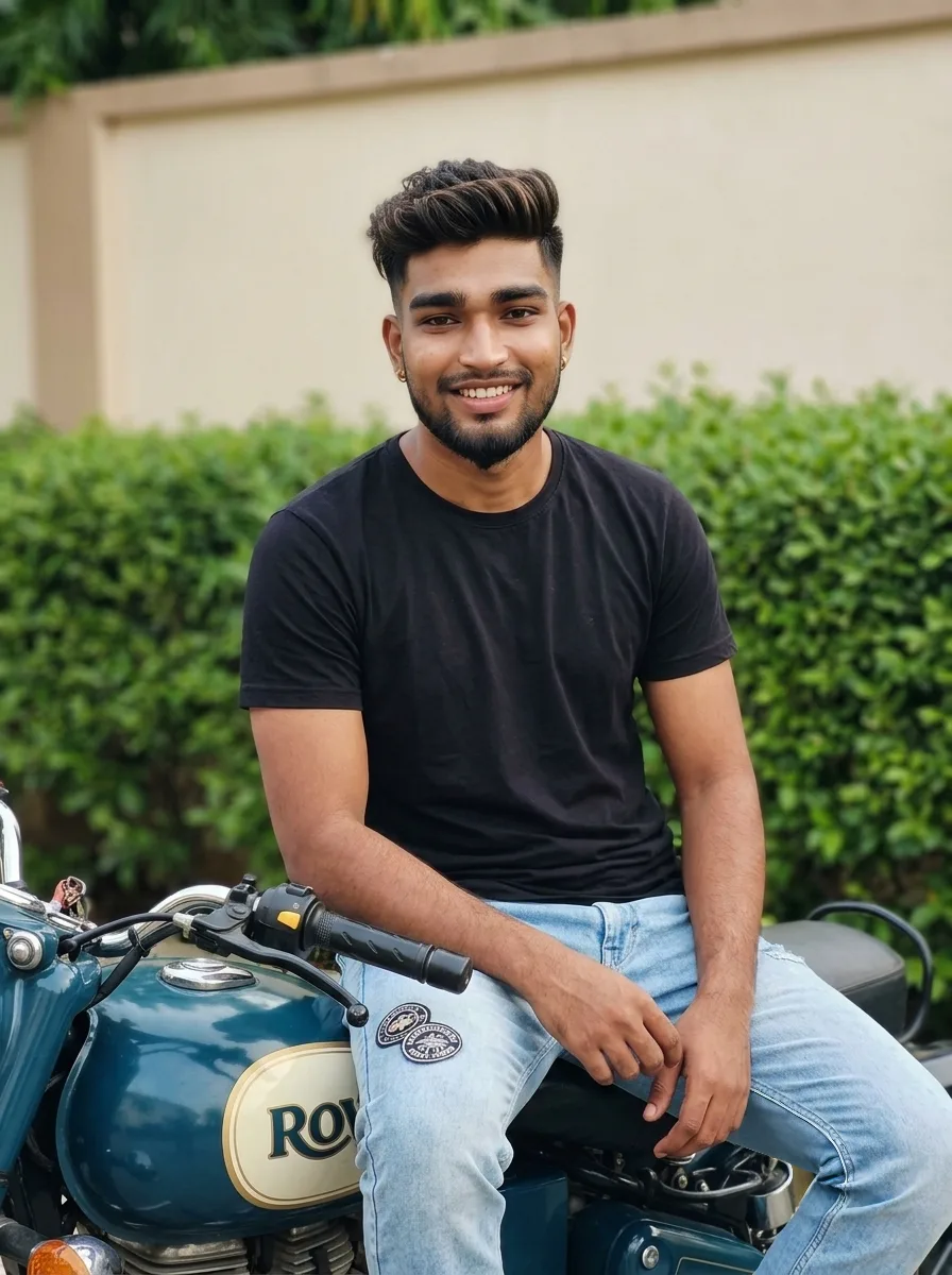 Teal Royal Enfield Motorcycle Male Portrait in Black Crewneck Tee Prompt