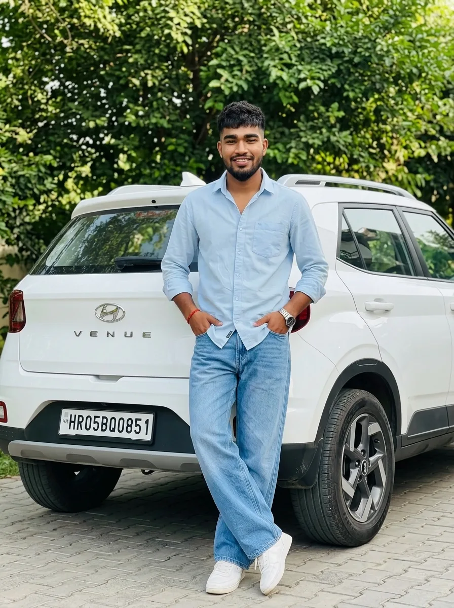 White Hyundai Venue Male Automotive Portrait in Sky-Blue Shirt & Denim Prompt