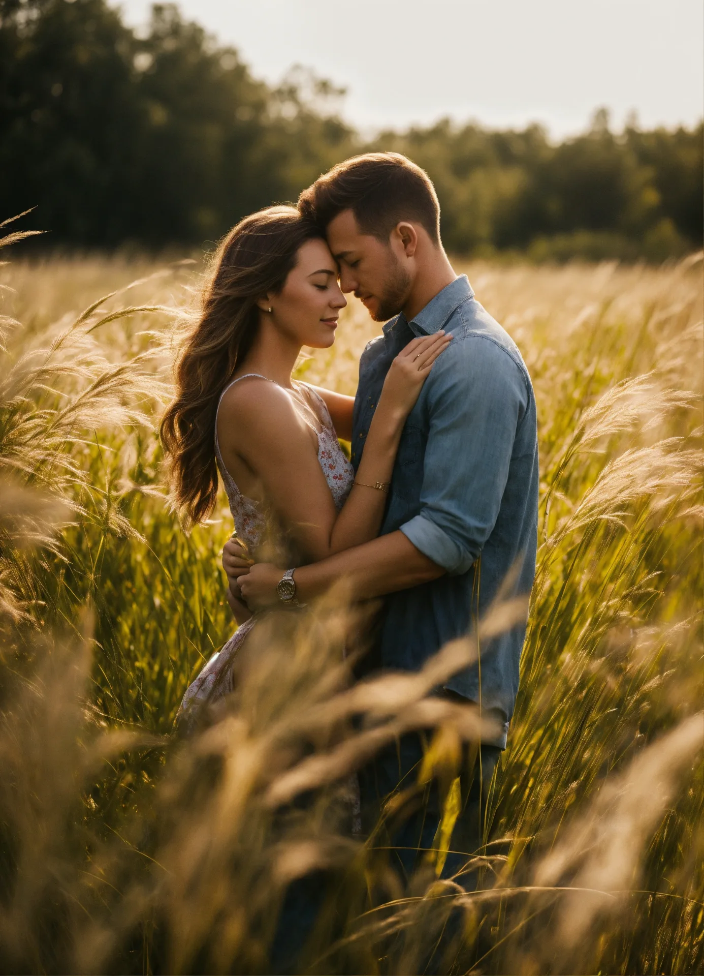 Realistic photo, two lovers hugging in tall grass