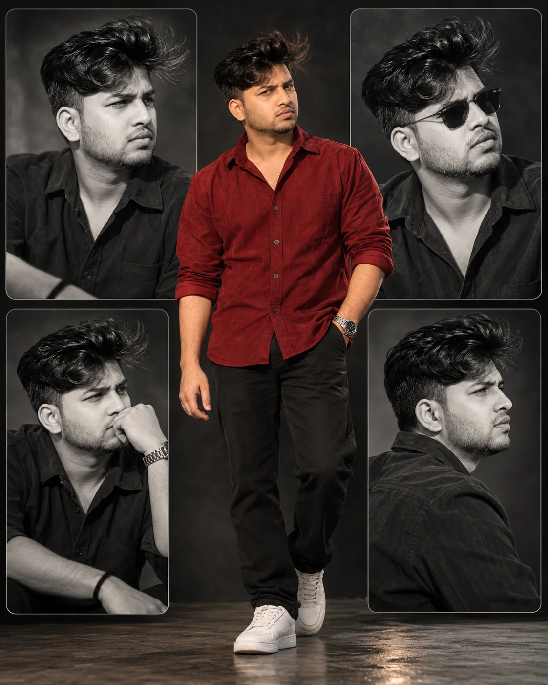 Red Shirt Monochrome Editorial Portrait Collage