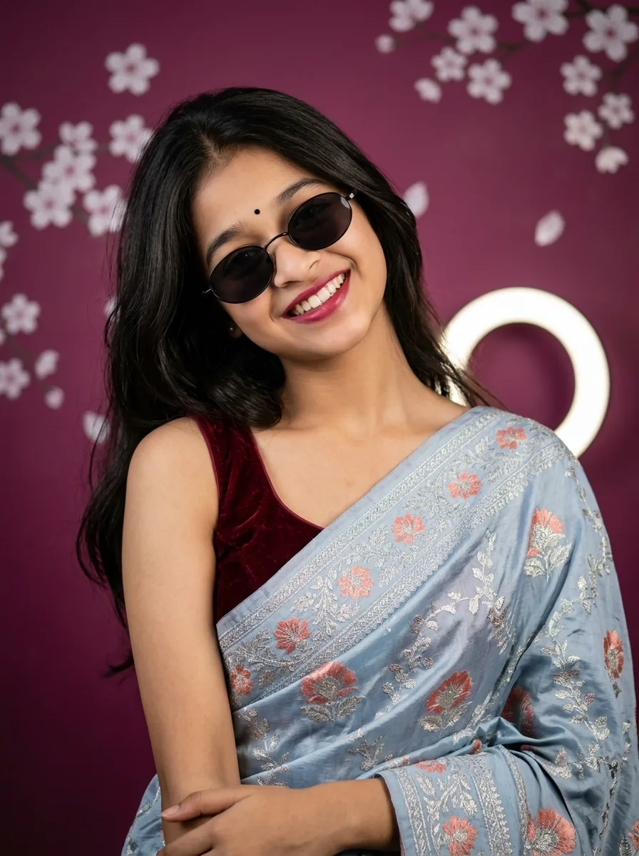 Glamorous Saree Portrait with Oval Shades & Ring Light Studio Setup Prompt