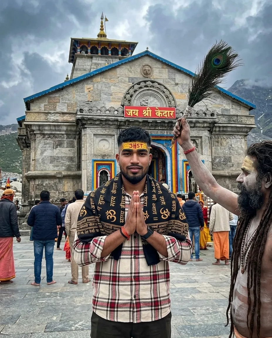 Devotional Male Portrait at Kedarnath Temple Receiving Sadhu Blessing Prompt