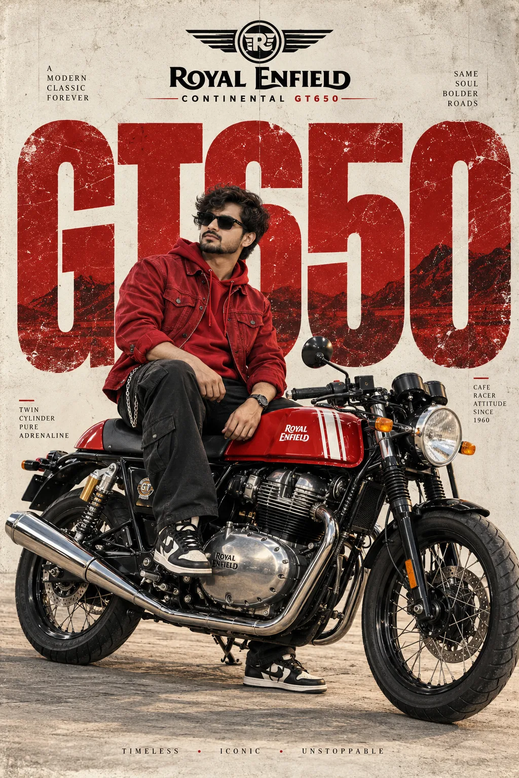 Ultra realistic cinematic portrait of a young man with Royal Enfield bike