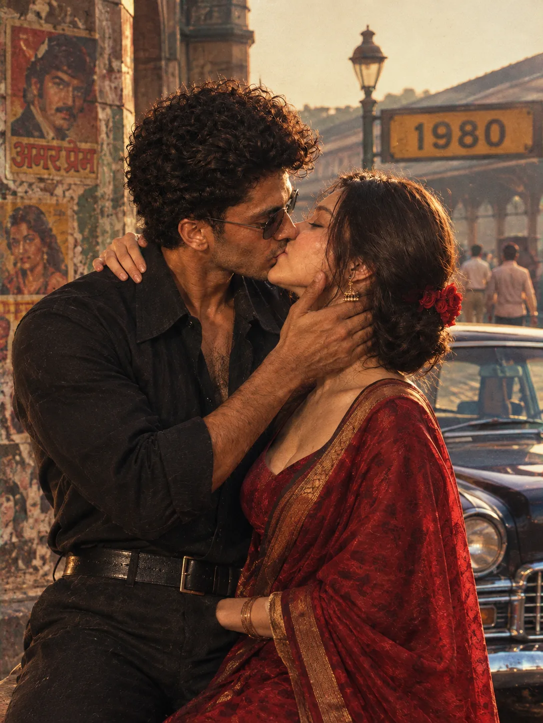 Create a ultra realistic cinematic 1980s bollywood romantic couple sharing a passionate yet tender kisses 😘