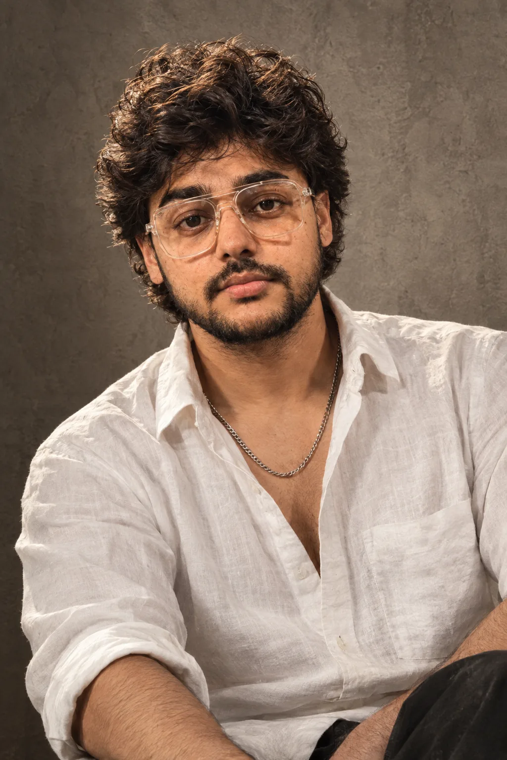 The man wearing his white unbuttoned shirt and silver chain