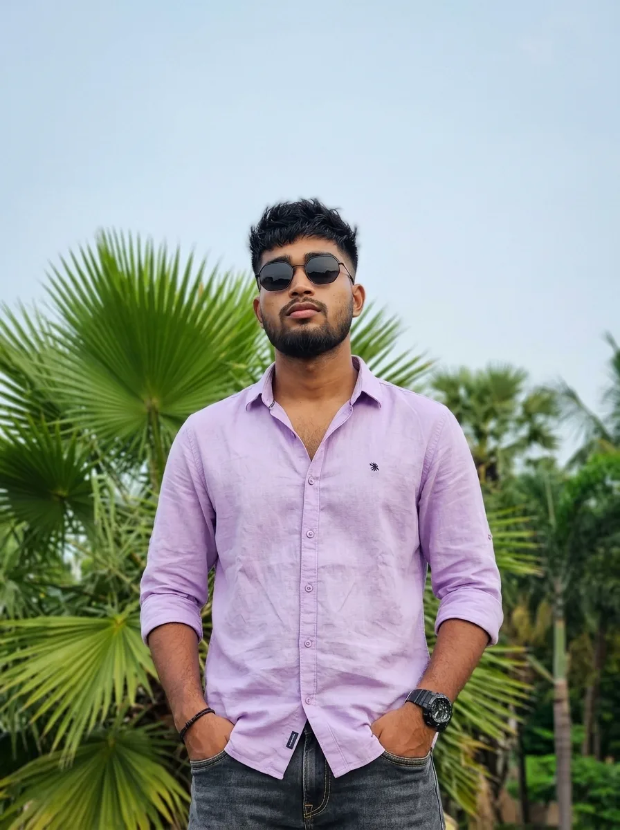 Tropical Palm Oasis Male Portrait in Lavender Linen Shirt & Dark Sunglasses Prompt