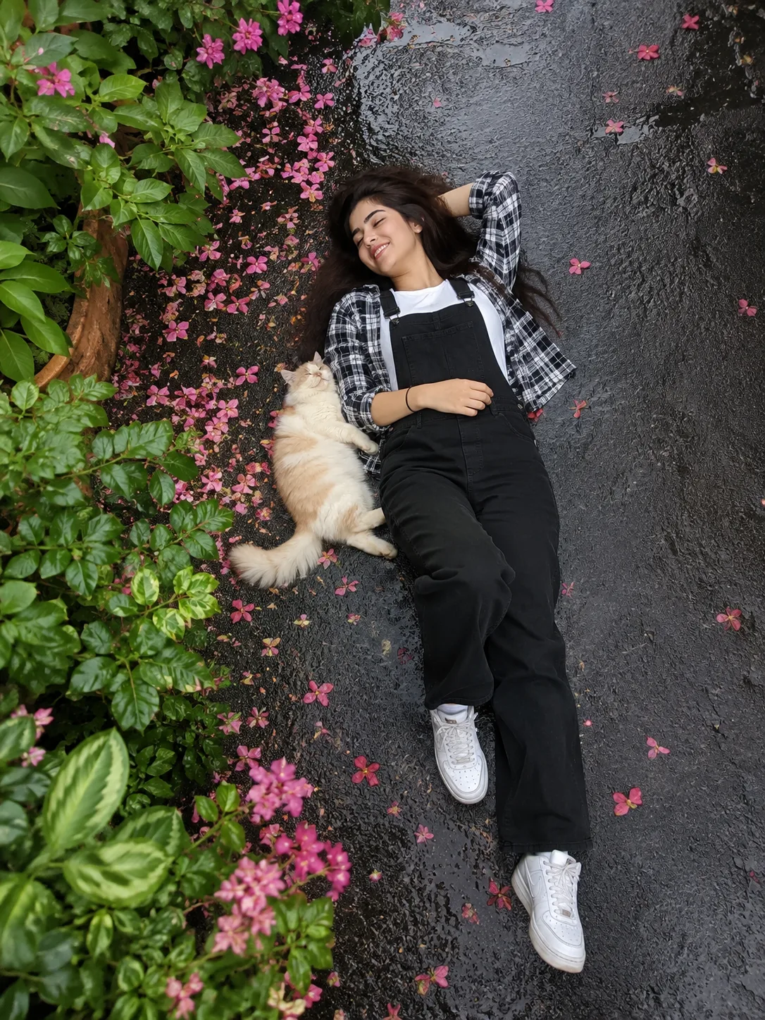 Ultra realistic cinematic portrait of a young girl lying on the wet road