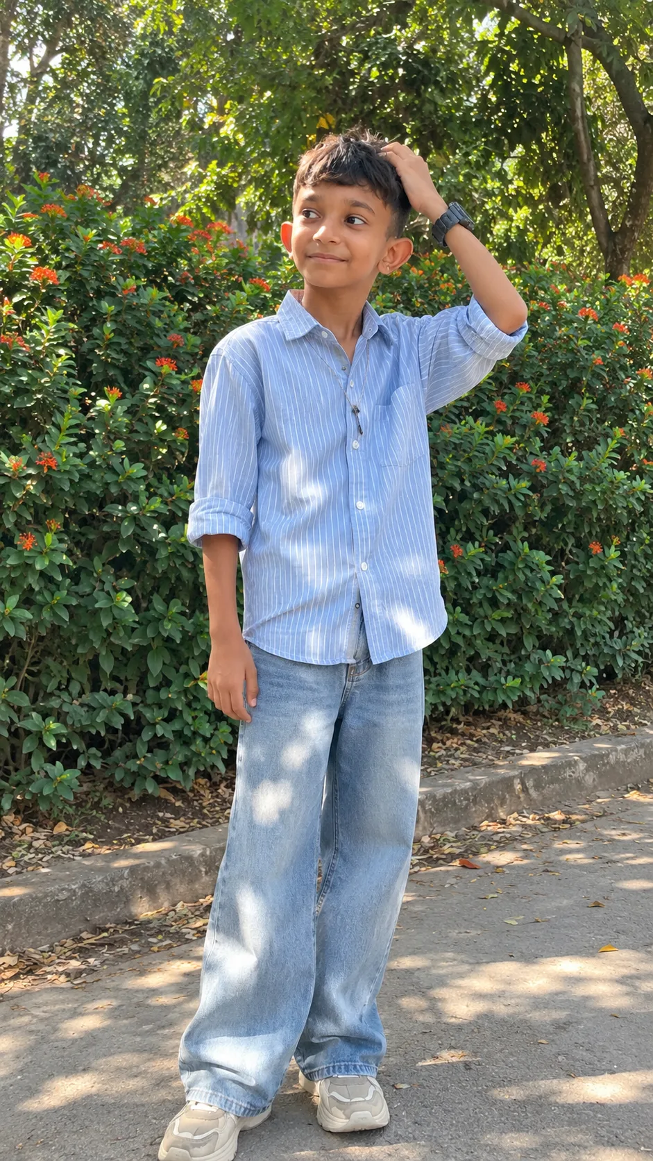 This is a garden prompt of garden and there is a boy standing in garden it is pretty.