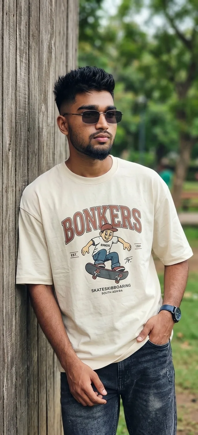 Rustic Wooden Wall Male Portrait in Cream Skater Graphic Oversized Tee Prompt