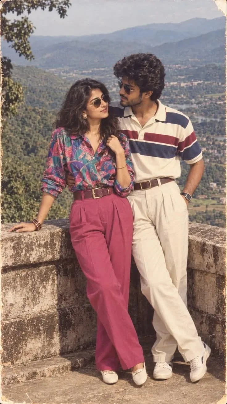 Retro 90s Couple Standing Together in Vintage Fashion