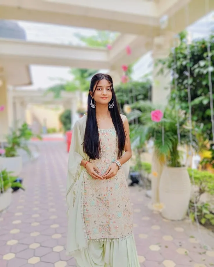 Embroidered Mint Kurti Ethnic Elegance, Sunlit Courtyard Sharara Suit Aesthetic, Radiant Garden Canopy Traditional Portr