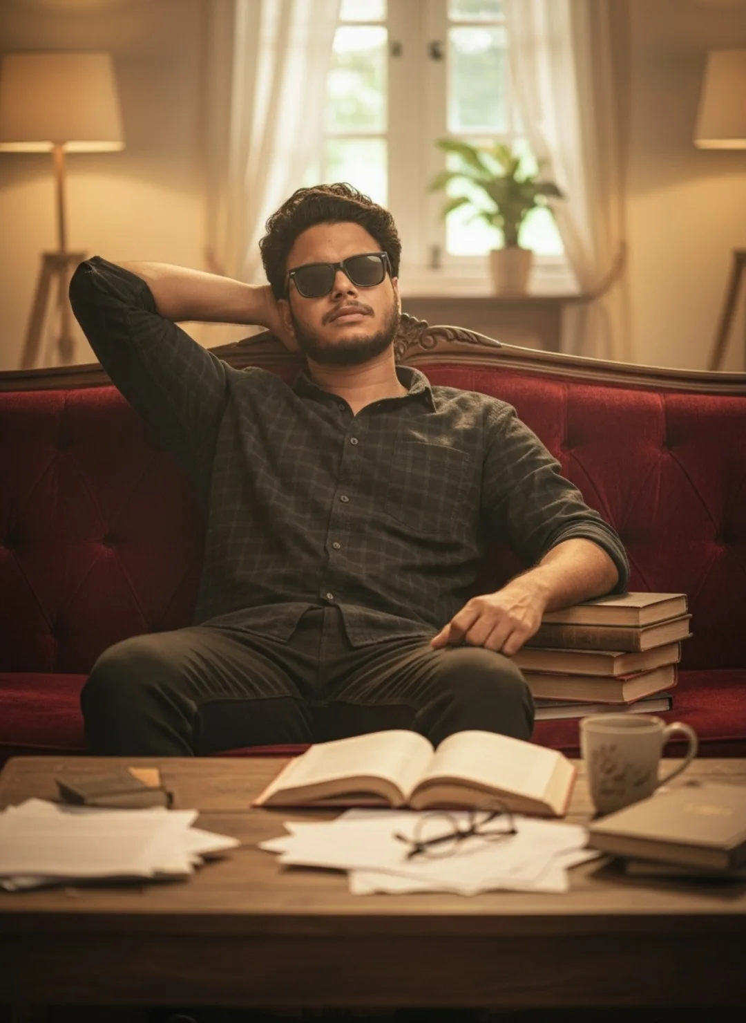 Relaxed Scholar in Sunglasses on Vintage Red Couch