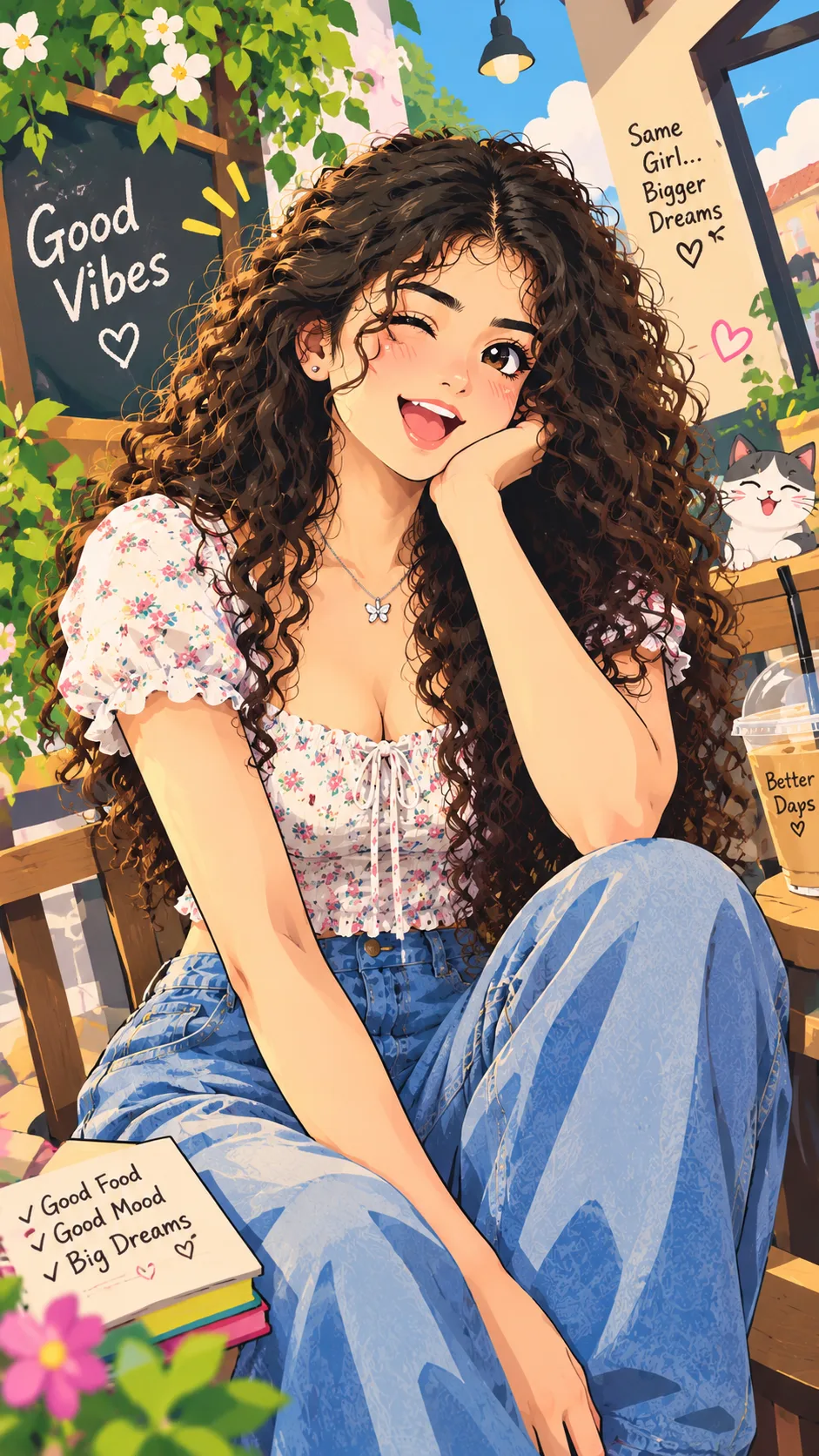 Good Vibes, Bigger Dreams — Aesthetic Anime Café Girl
