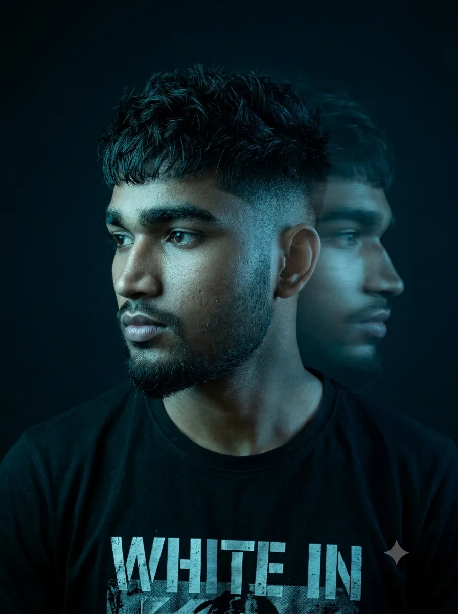 Moody Double-Exposure Male Studio Portrait with Teal Rim Lighting Prompt
