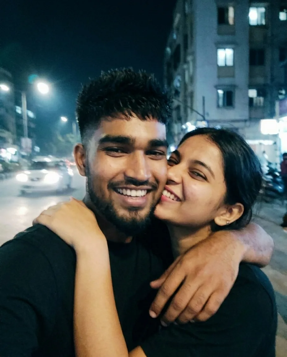 Romantic Night City Street Couple Selfie with Cheek Kiss Prompt